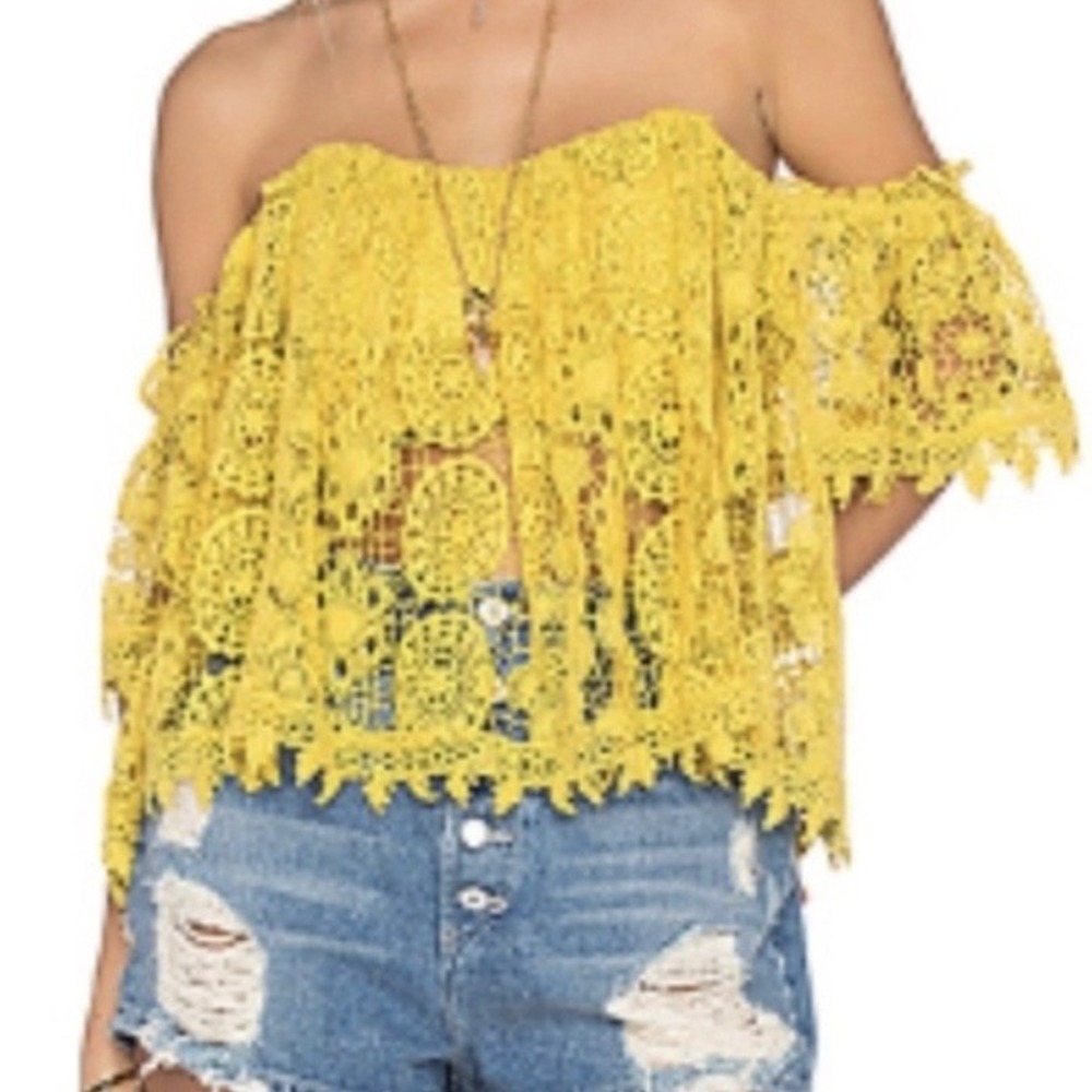 Tularosa Yellow Crochet Lace Off The Shoulder Crop Top Small Boho Festival